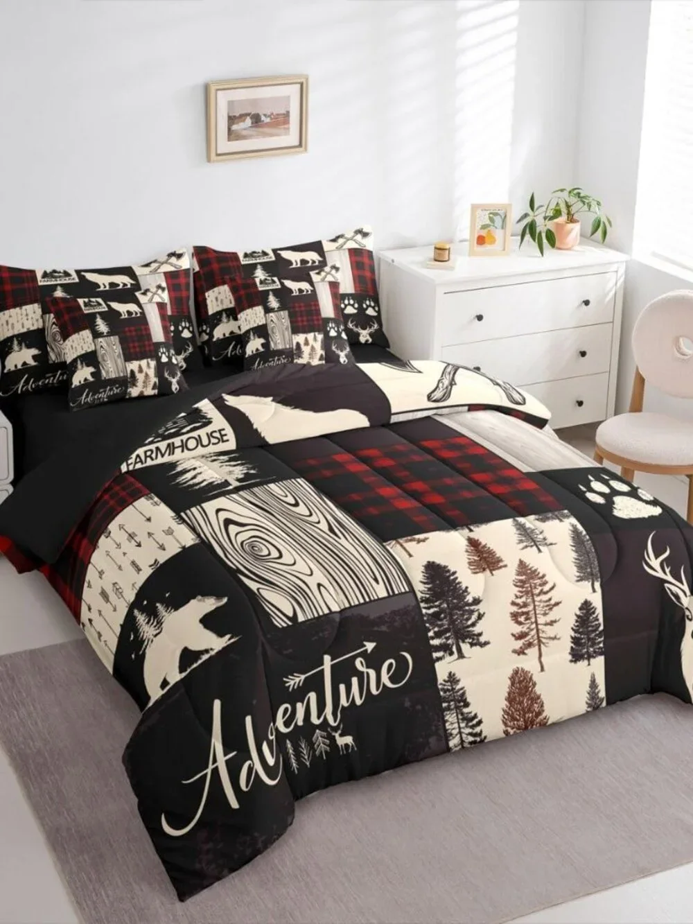 Retro Cabin Lodge Bed In A Bag Queen Wolf Plaid Patchwork Comforter Set With She